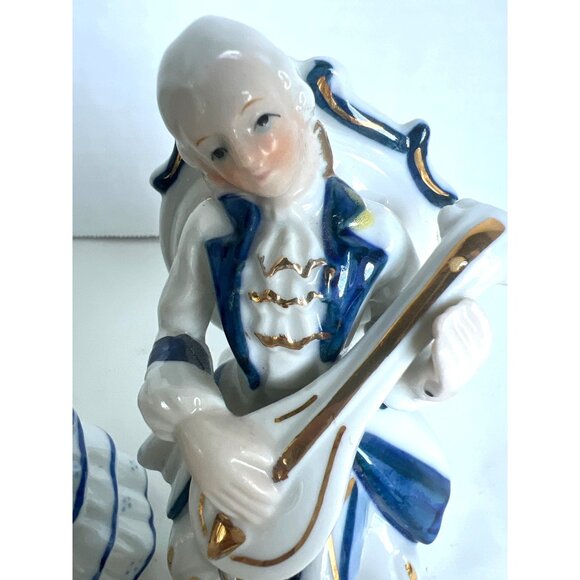 Vtg Porcelain Victorian Couple Sitting Playing Mandolin White Blue & Gold RARE - Picture 9 of 12